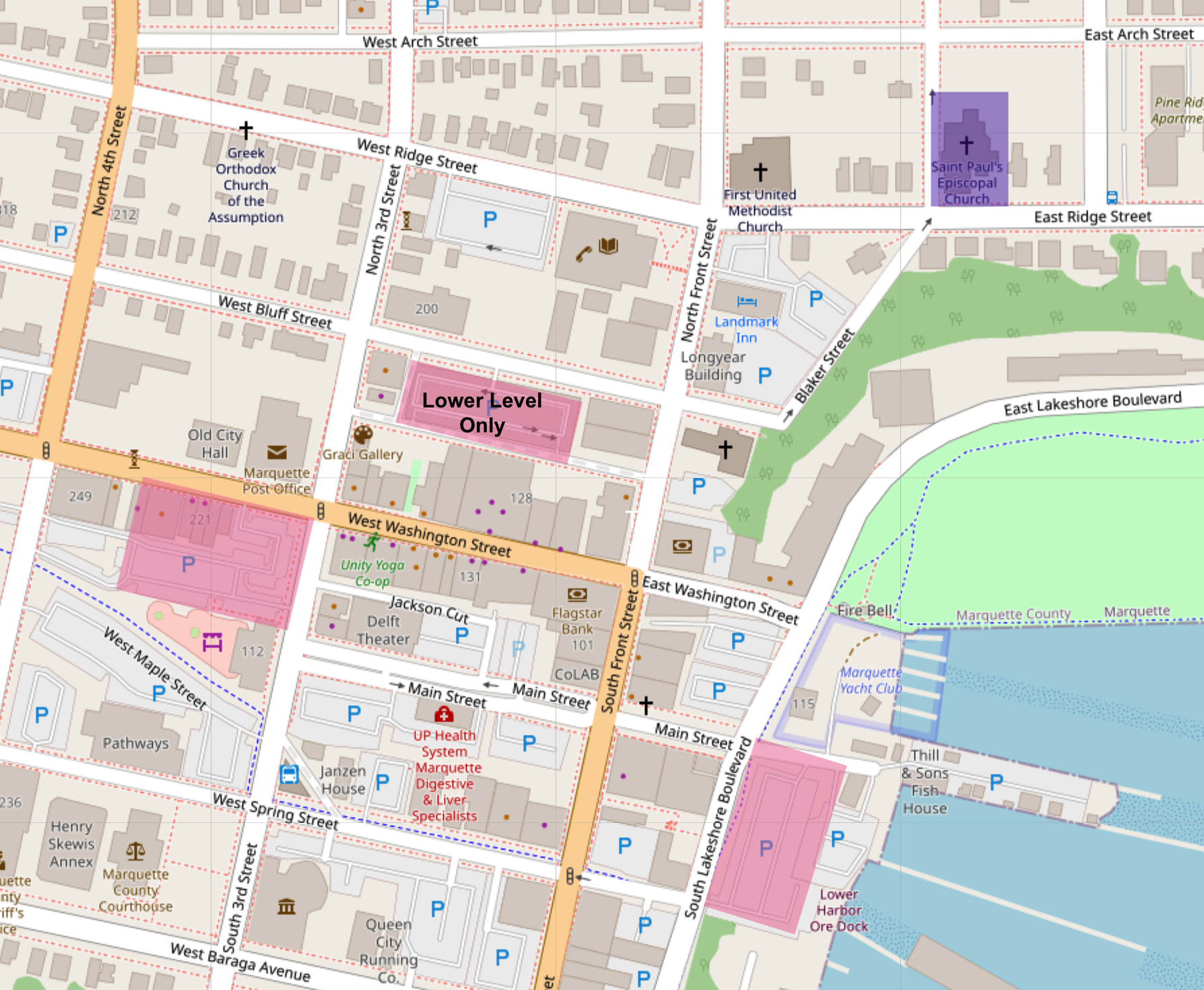 Map showing recommended parking areas near the ceremony venue